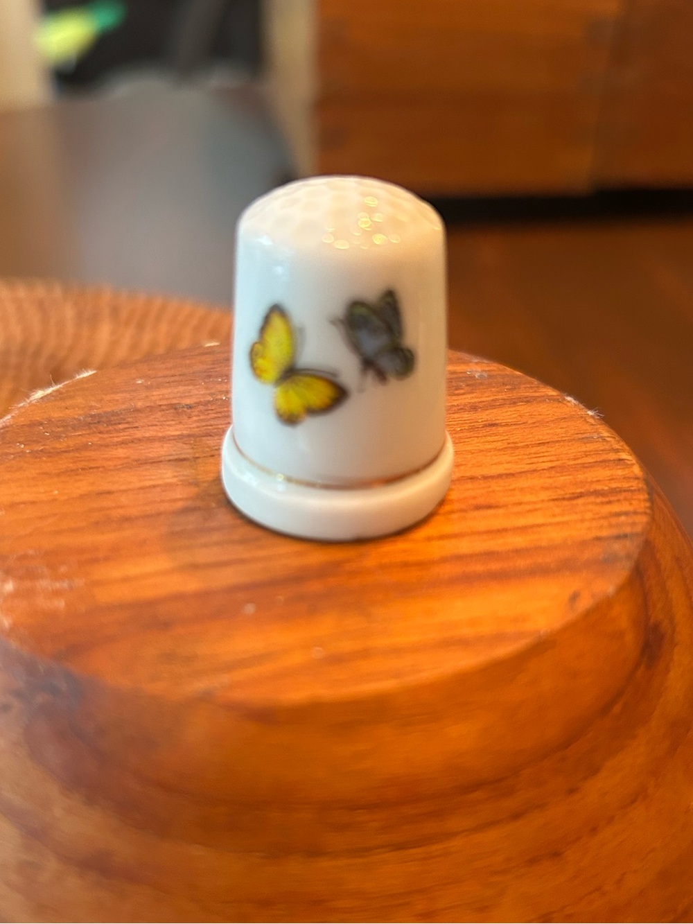 Porcelain Butterfly Thimble in White with Yellow Accent